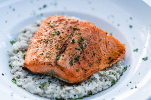 Seared Salmon with Porcini Risotto by Enoteca La Storia in Los Gatos